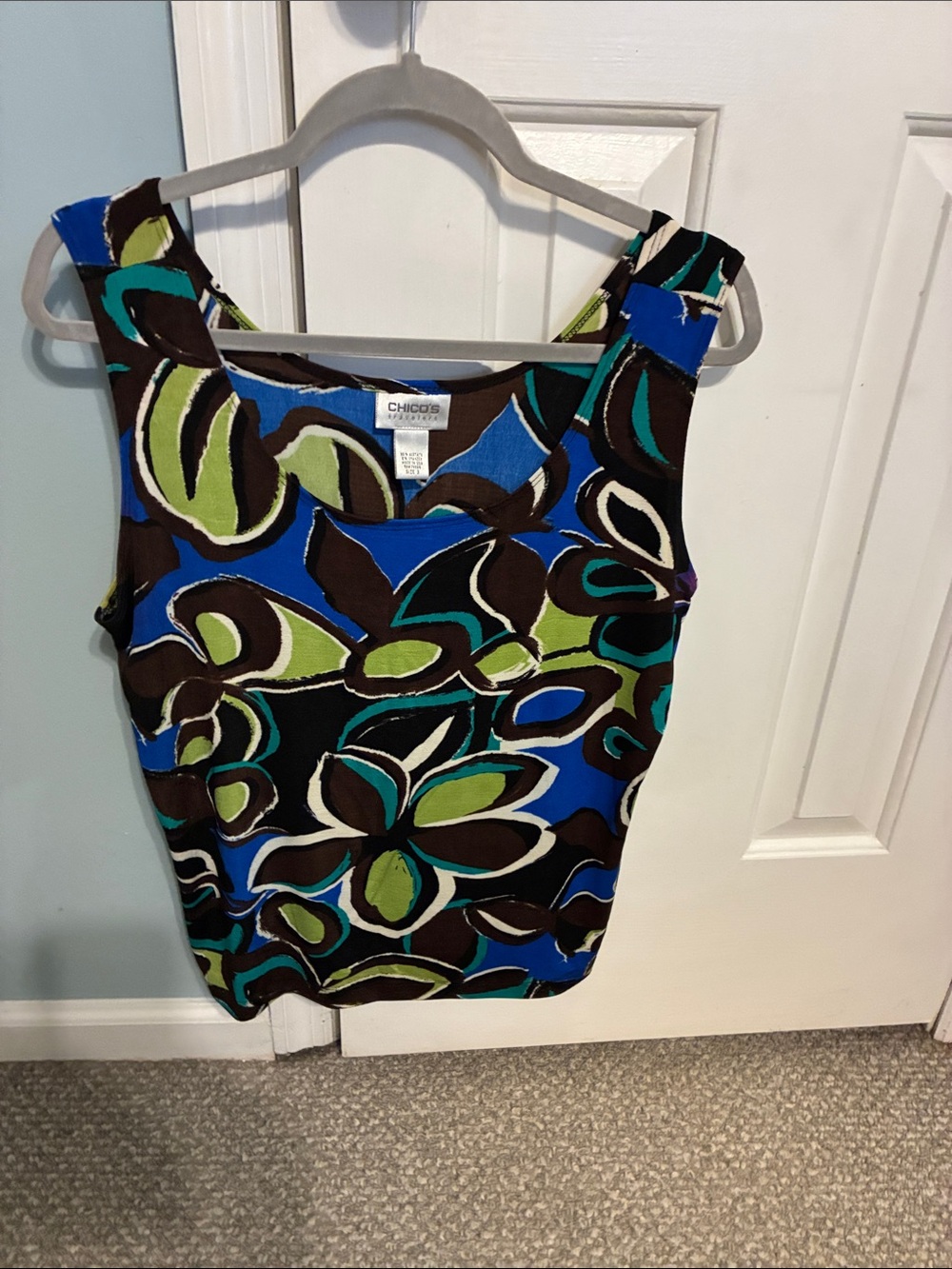 Chico's Blue, Green and Brown Bold Floral Scoop Tank